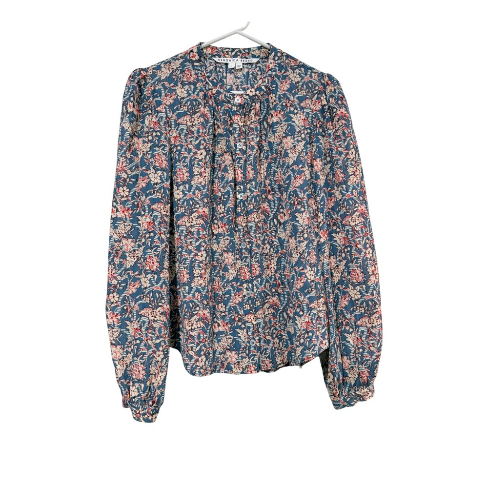 Veronica Beard Blue Floral Striped Button Down Blouse Long Sleeve Top Size 6